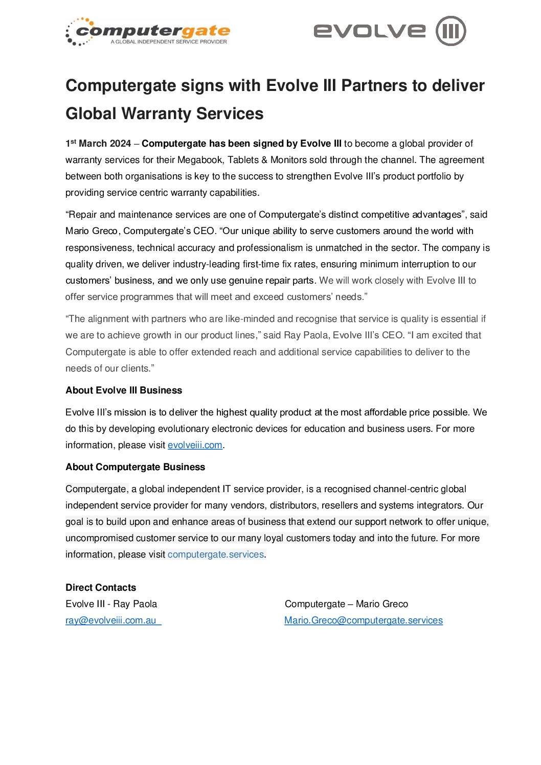 Computergate Evolve3 Press Release